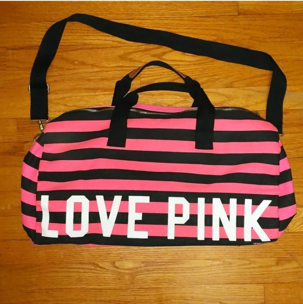 PINK Duffle Bag Hot Pink Blsck Stripe RARE Love Pink